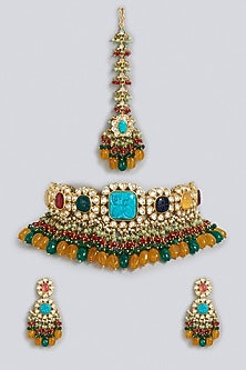 Gold Finish Kundan Polki Necklace Set