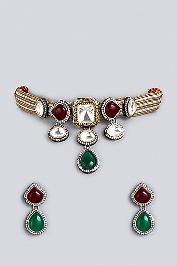 Two Tone Finish Kundan Polki Choker Necklace Set