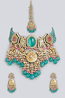 Gold Finish Kundan Polki Necklace Set In Brass