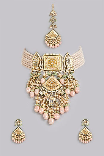 Gold Finish Semi Precious Stones Necklace Set