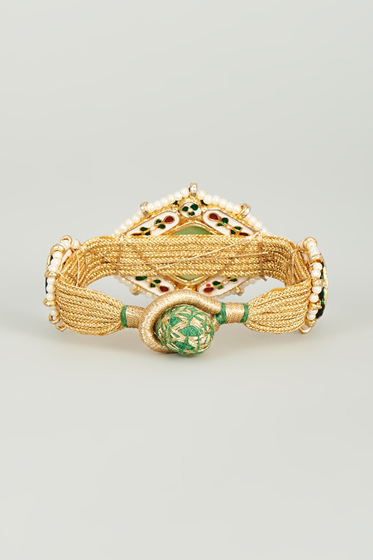 Gold Finish Kundan Polki & Aqua Green Semi-Precious Stone Bracelet