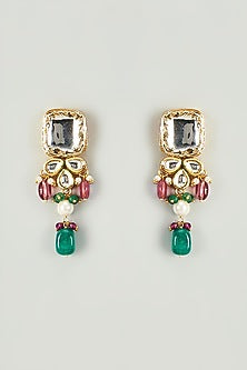 Gold Finish Kundan Polki & Green Semi-Precious Stone Long Necklace Set