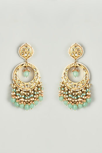 Gold Finish Kundan Polki & Aqua Green Semi-Precious Stone Chandbali Earrings