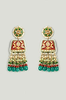 Gold Finish Kundan Polki & Green Semi-Precious Stone Dangler Earrings