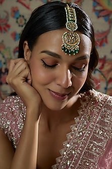 Gold Finish Green Kundan Polki & Semi-Precious Stone Maangtikka