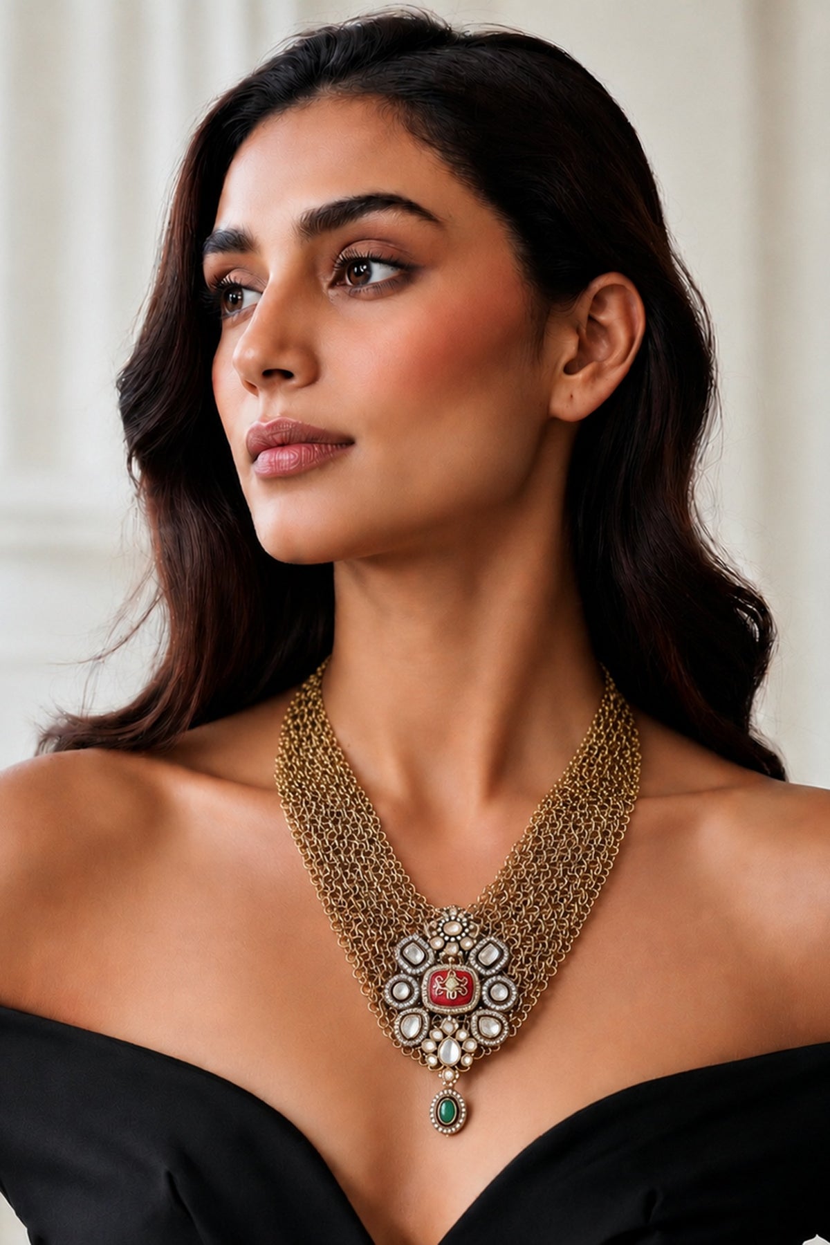 Gold Finish Imitation Polki & Semi-Precious Stone Necklace