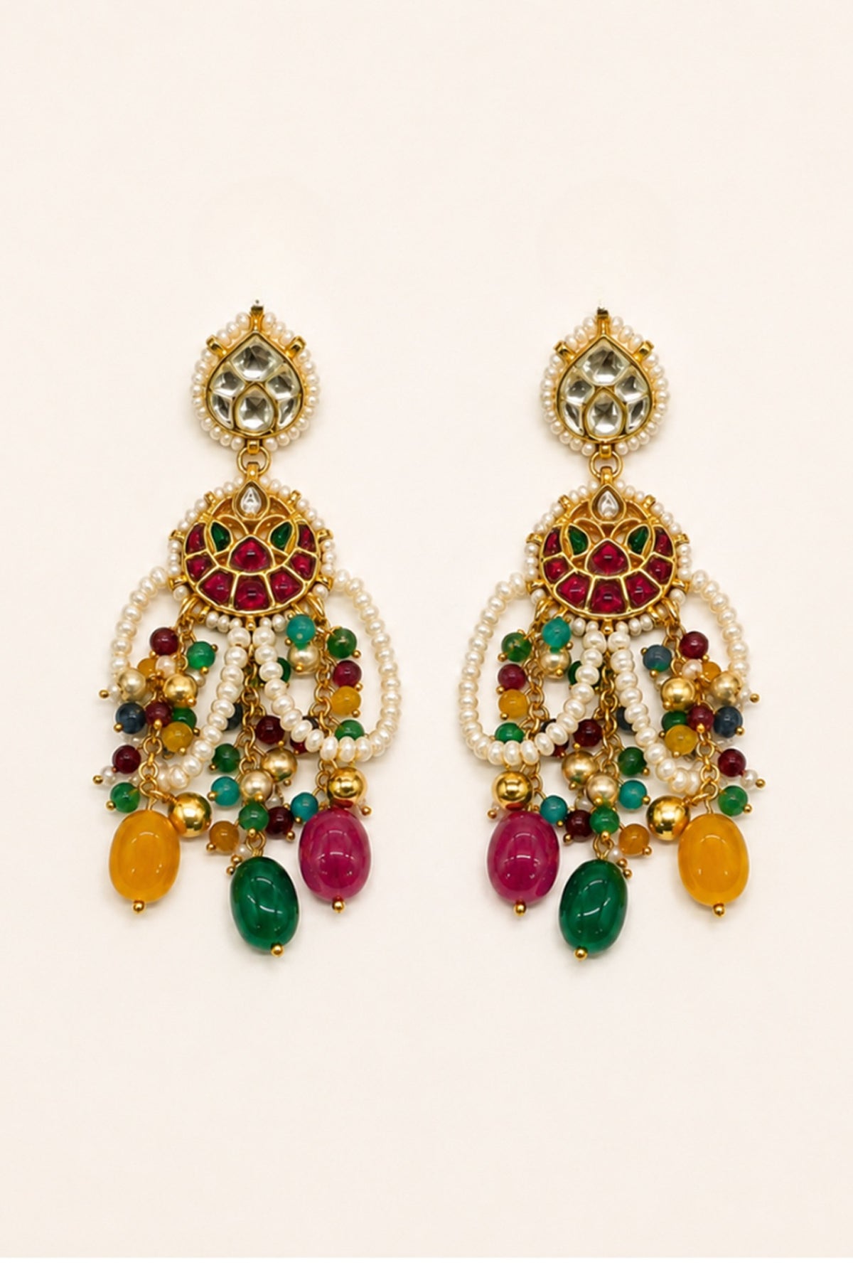 Gold Finish Imitation Polki & Multi-Colored Semi-Precious Stone Necklace Set