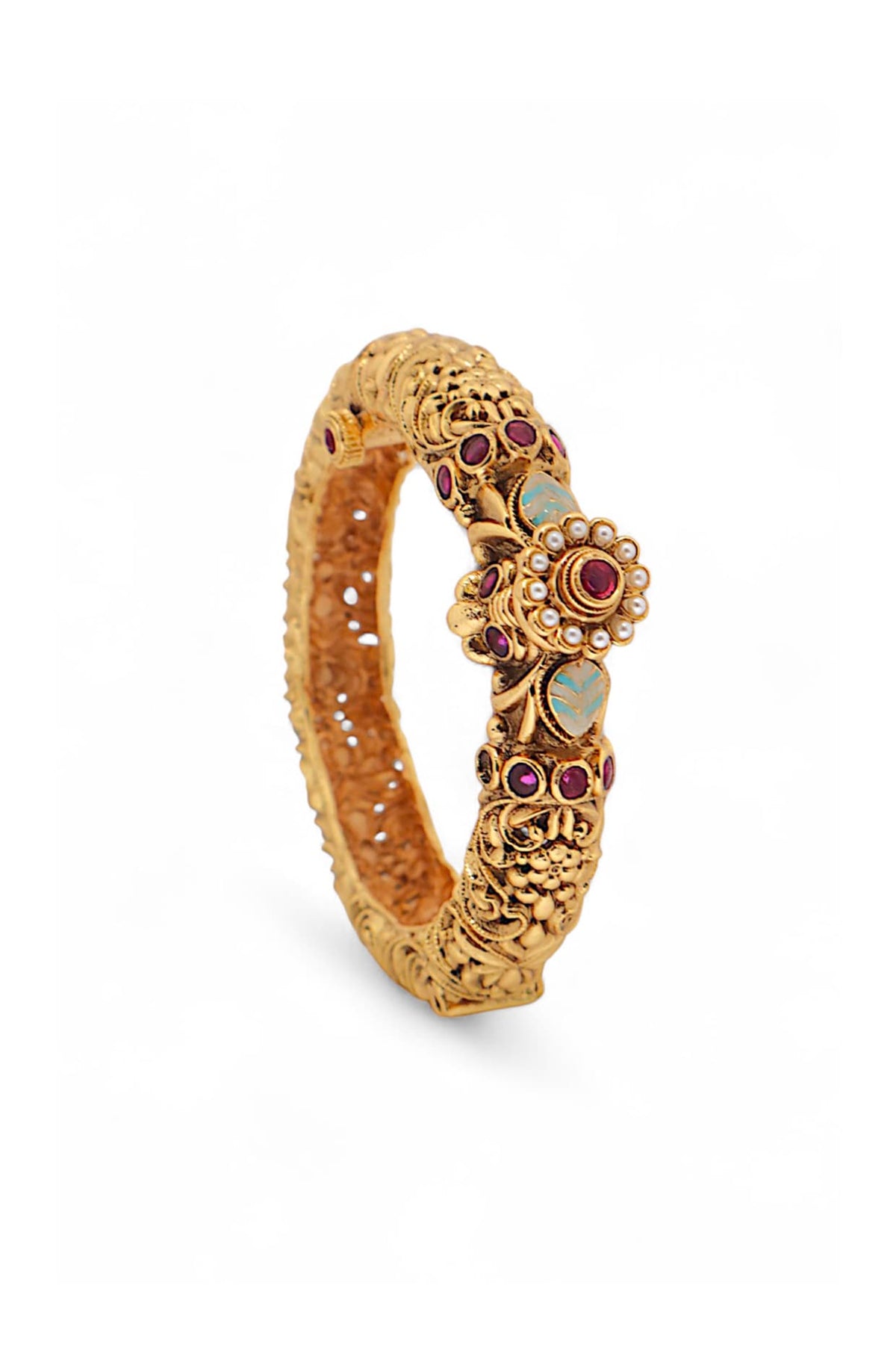 Gold Finish Kundan Polki & Ruby Temple Bangle