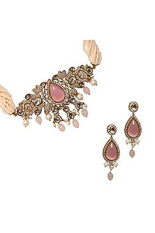 Gold Finish Pink Kundan Polki & Semi-Precious Stone Choker Necklace Set