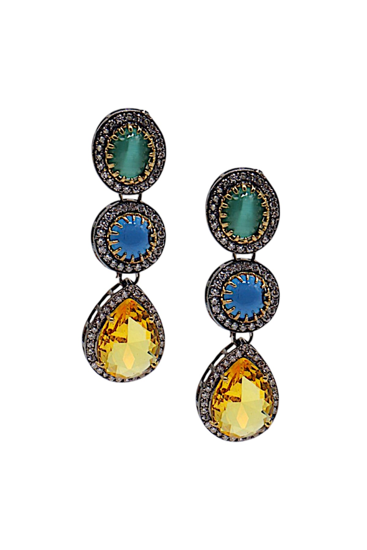 Two Tone Finish Multi-Colored Semi-Precious Stone Dangler Earrings