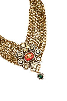 Gold Finish Multi-Colored Semi-Precious Stone & Kundan Polki Necklace