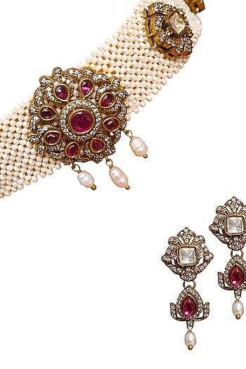 Gold Finish Red Semi-Precious Stone & Kundan Polki Choker Necklace Set