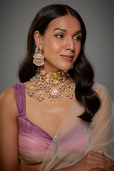 Gold Finish Kundan Polki & Semi-Precious Stone Choker Necklace Set