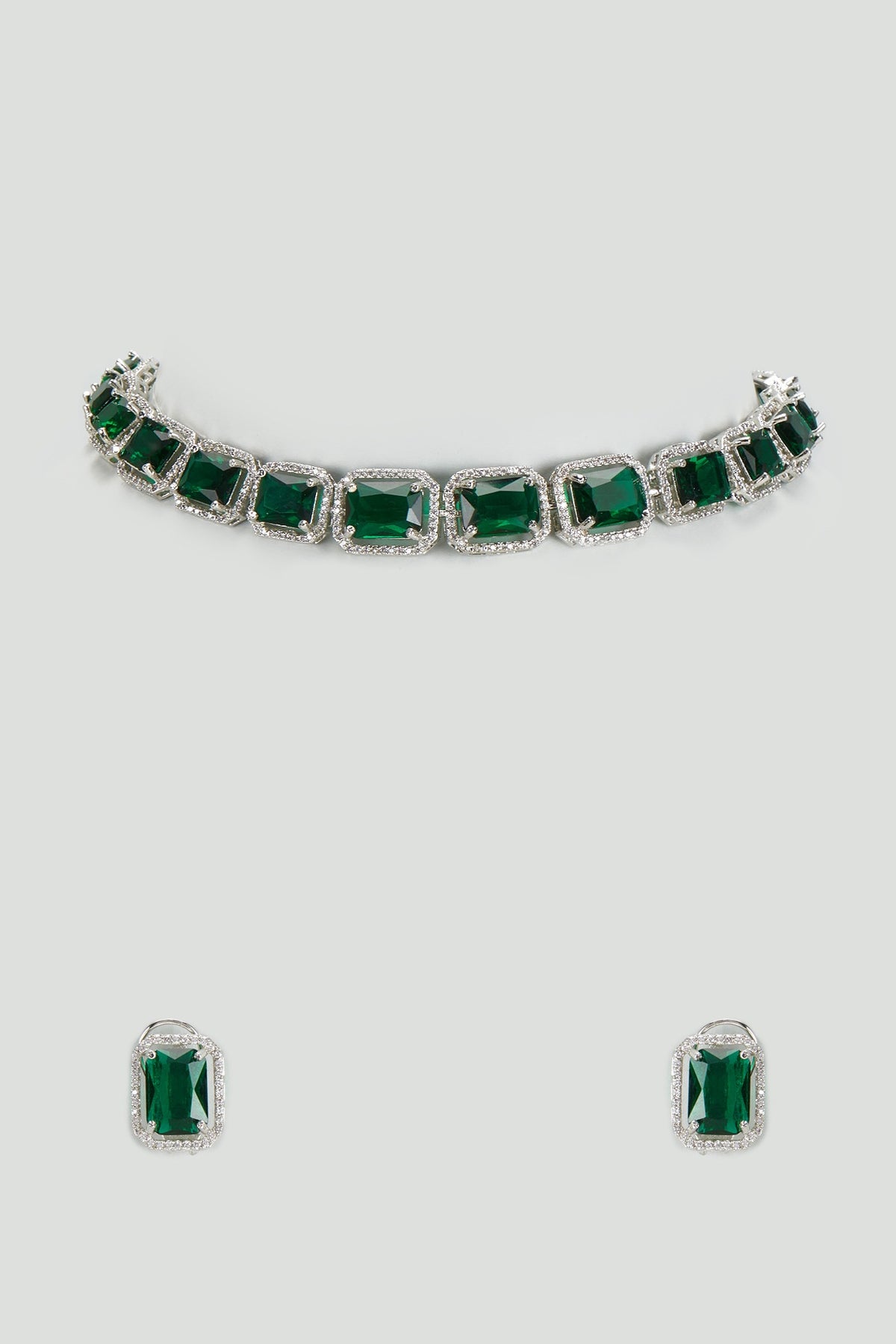 White Finish Green Stone & Zircon Choker Necklace Set
