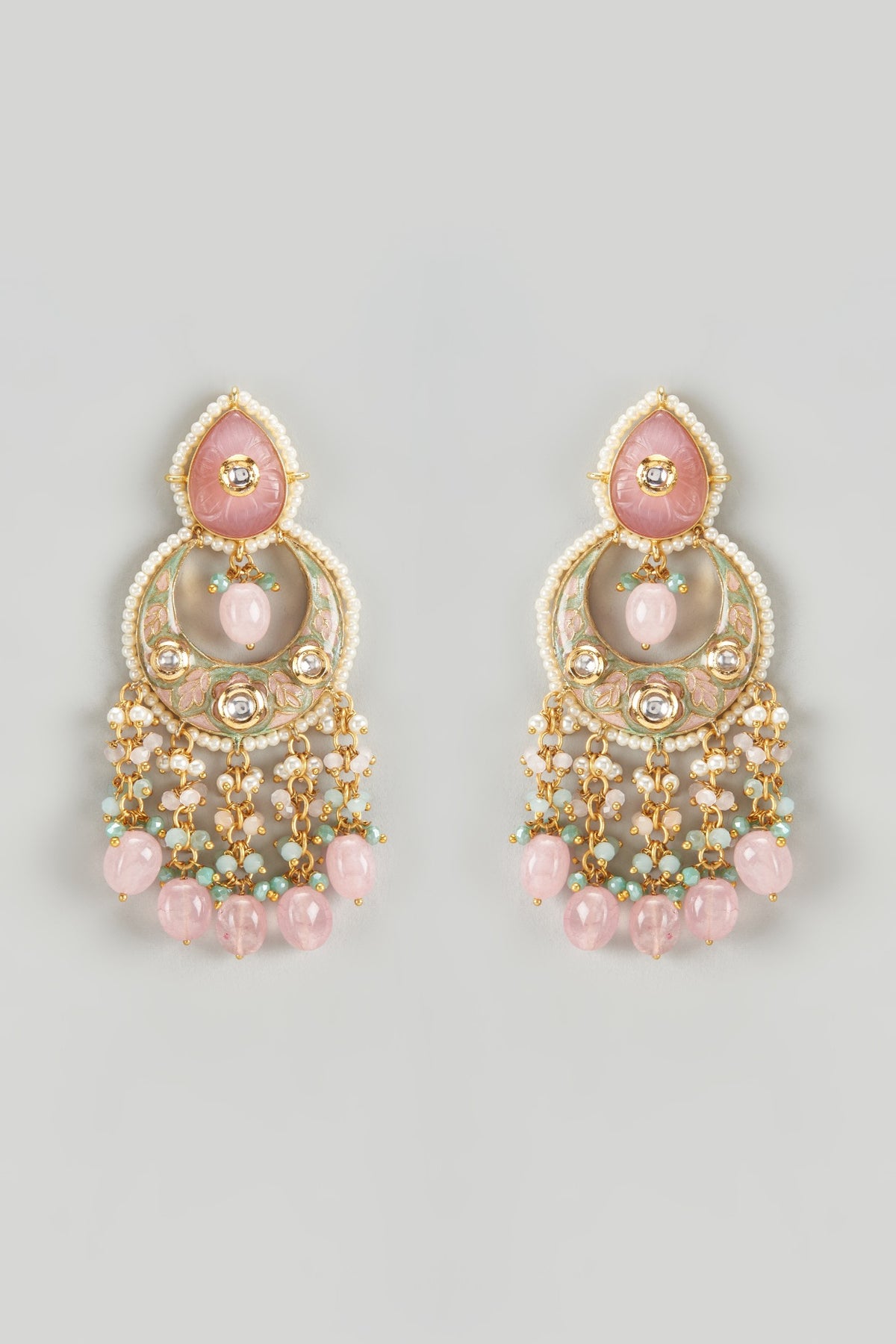 Gold Finish Kundan Polki & Semi-Precious Stone Chandbali Earrings