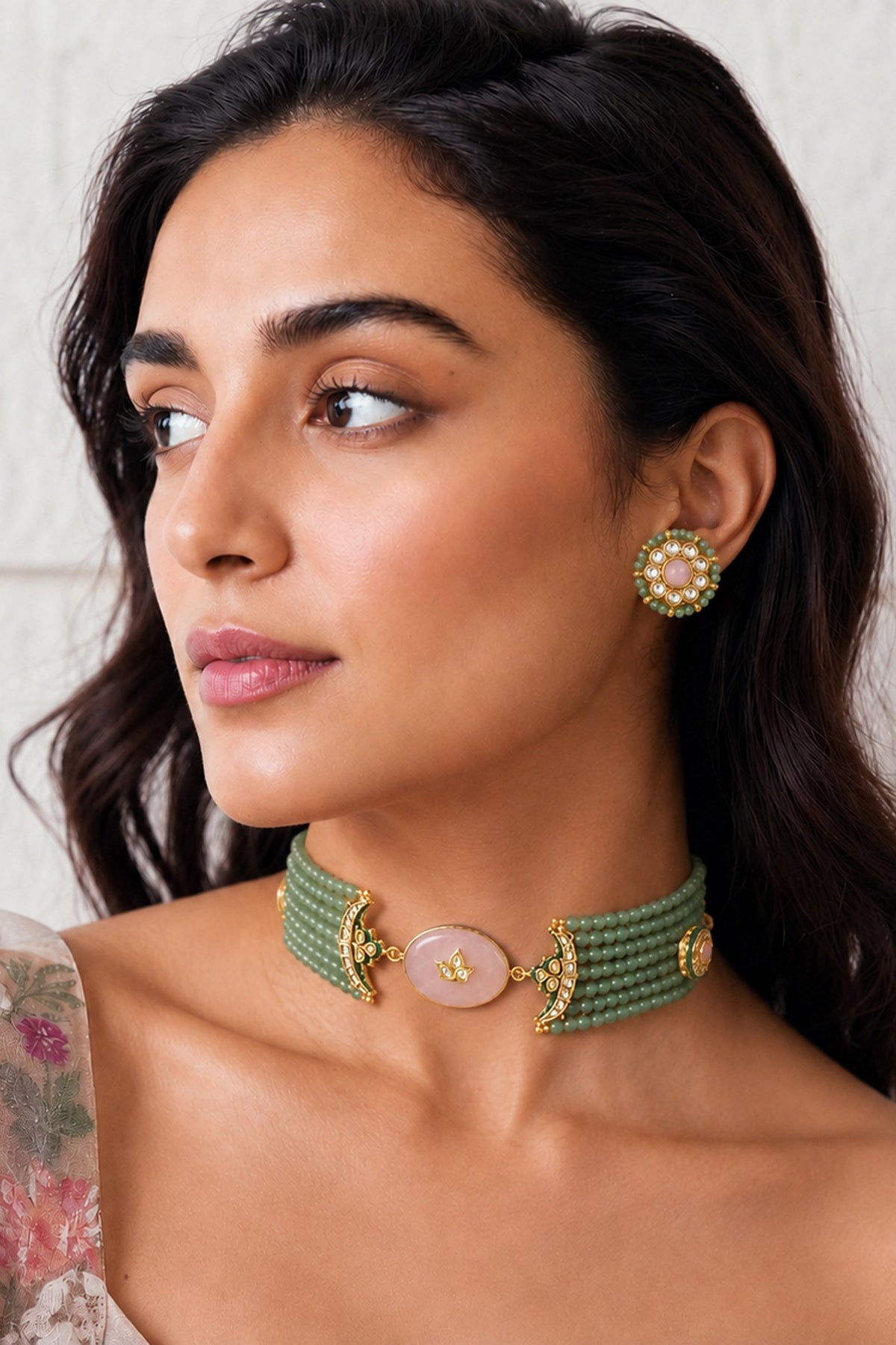 Gold Finish Kundan Polki & Mint Stone Necklace Set