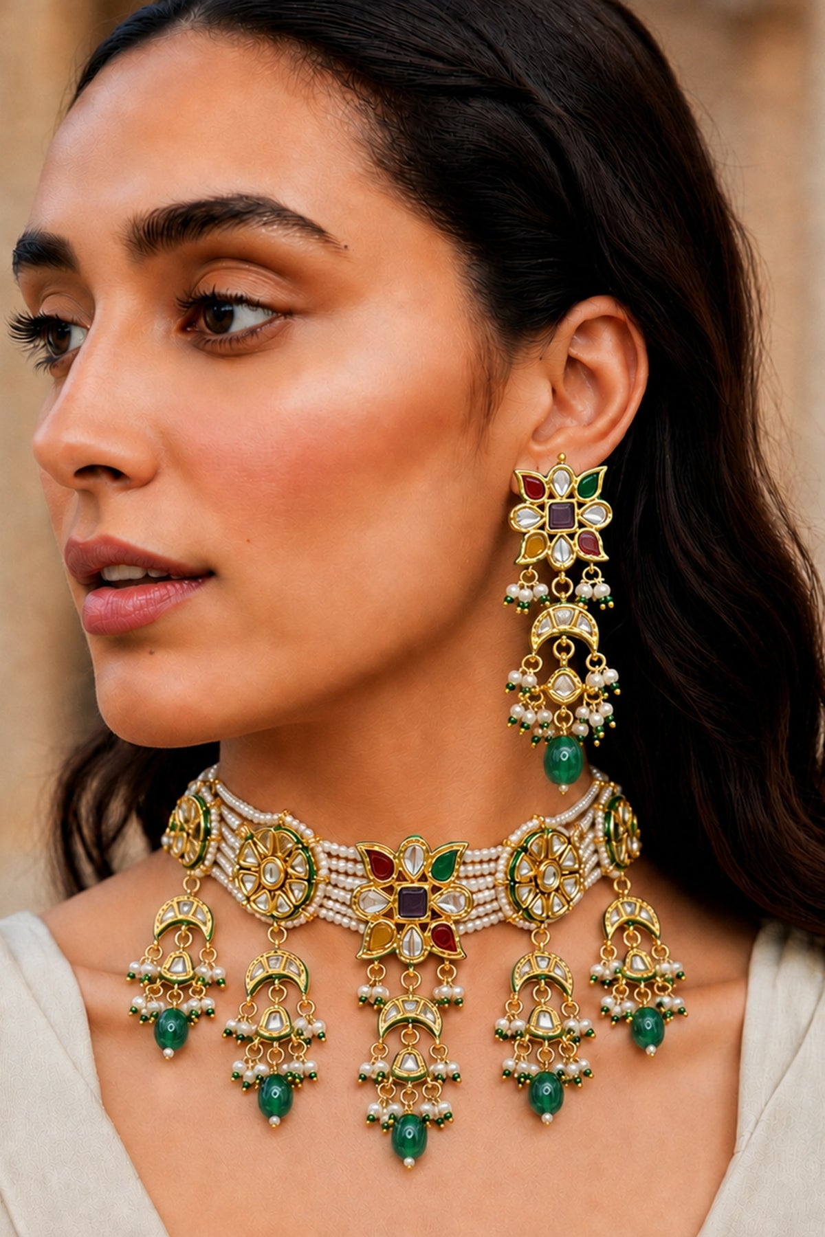 Gold Finish Kundan Polki & Multi-Colored Stone Necklace Set