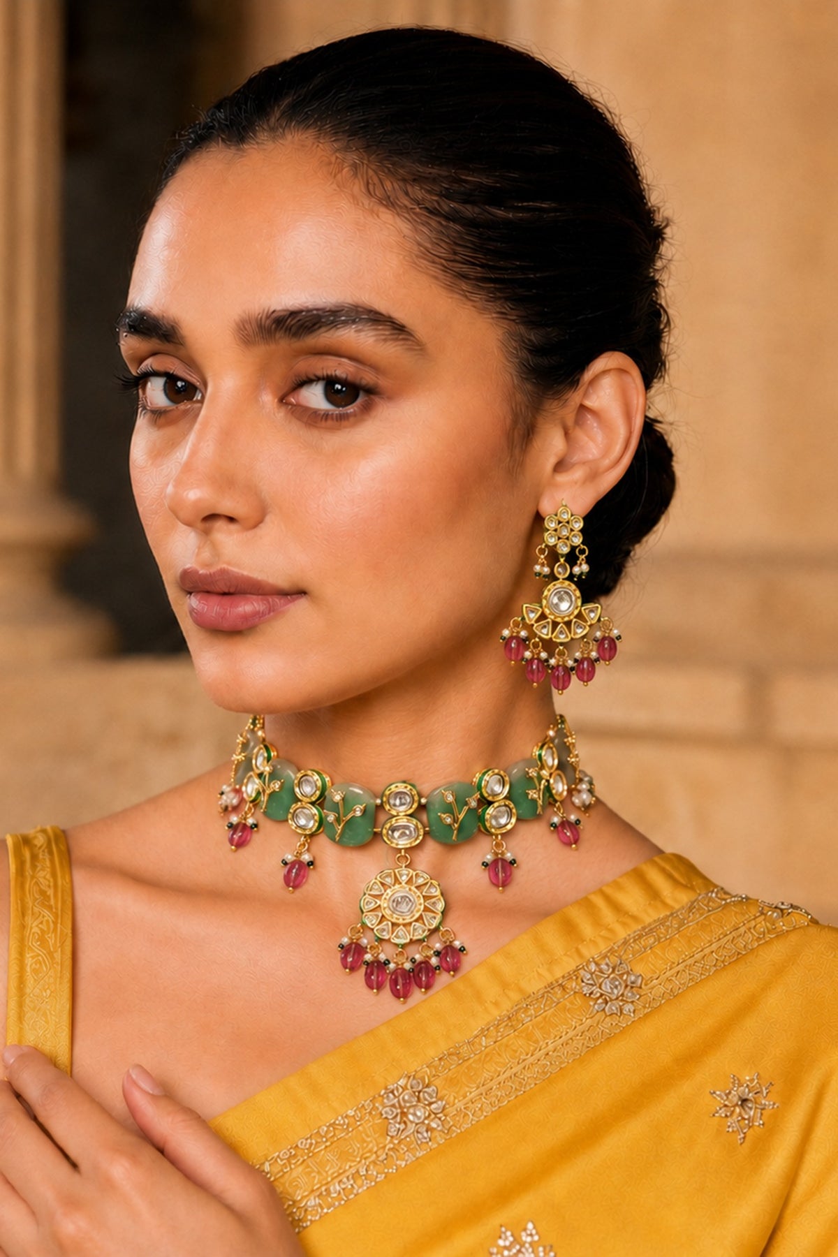 Gold Finish Kundan Polki & Ruby Stone Necklace Set