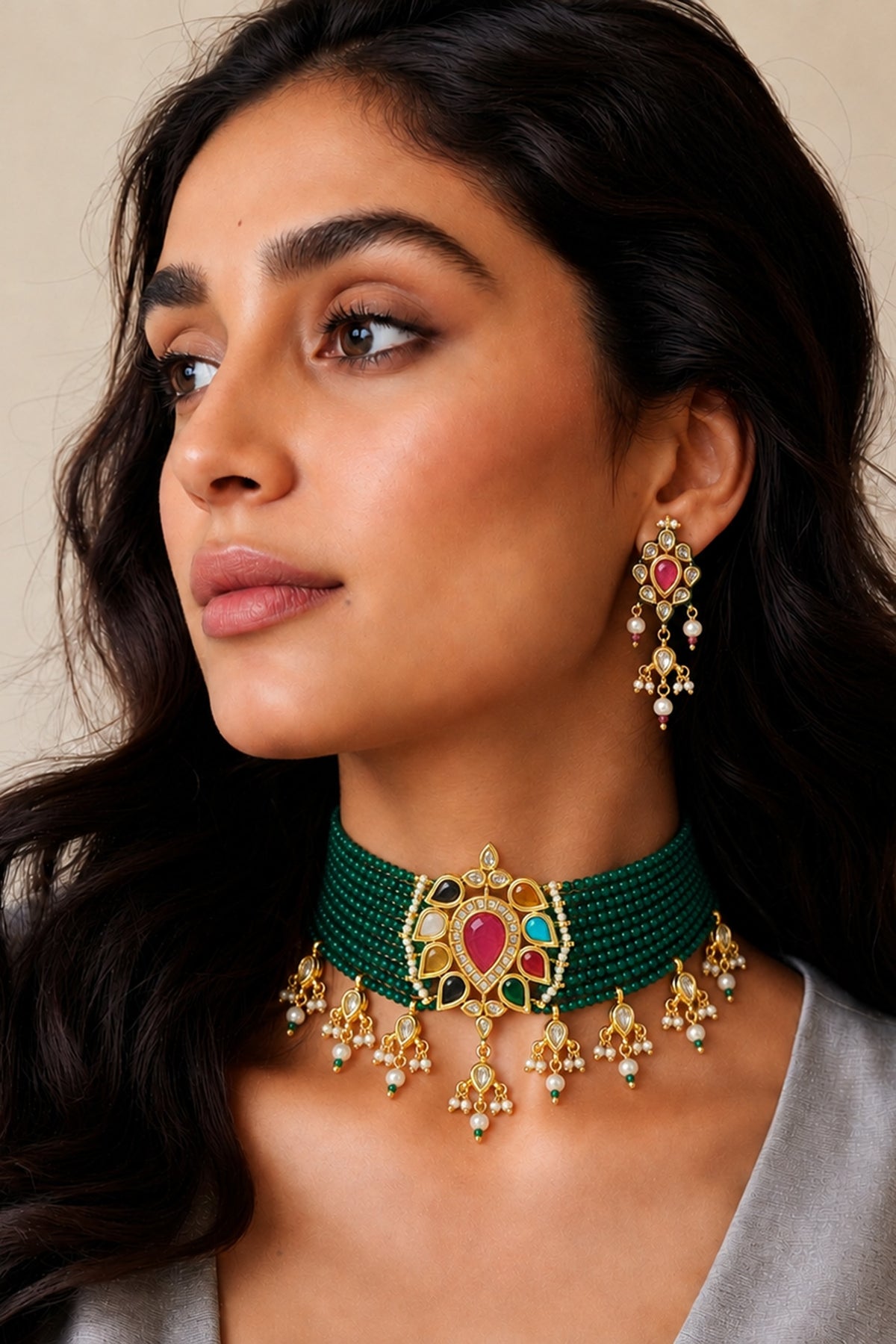 Gold Finish Kundan Polki & Multi-Colored Necklace Set