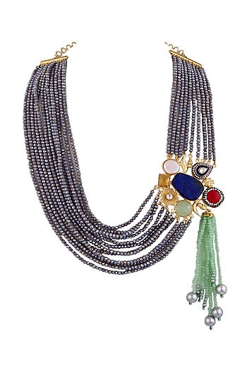 Gold Finish Semi-Precious Stone & Crystal Beaded Necklace