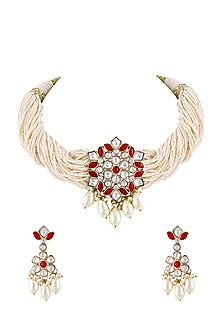 Gold Finish Faux Pearl & Kundan Polki Choker Necklace Set