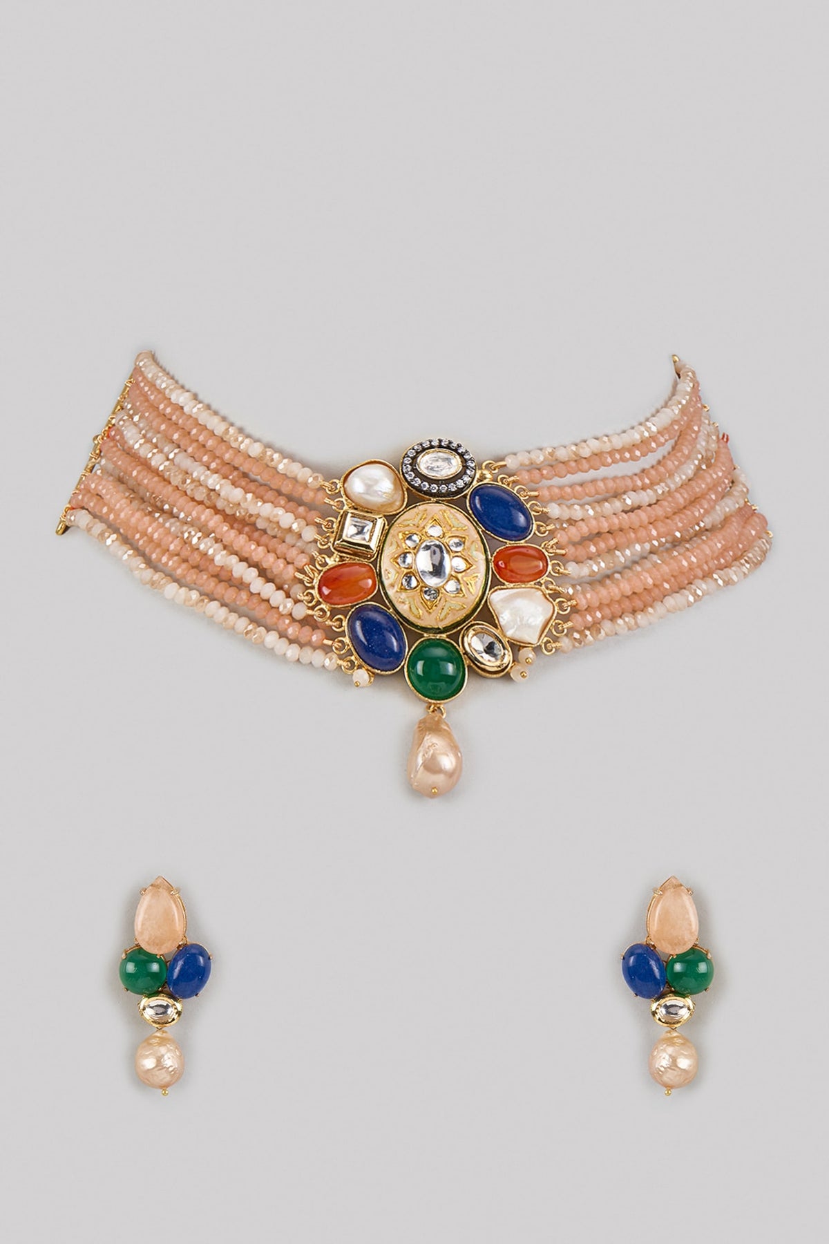 Two Tone Finish Multi-Colored Semi-Precious Stone Choker Necklace Set