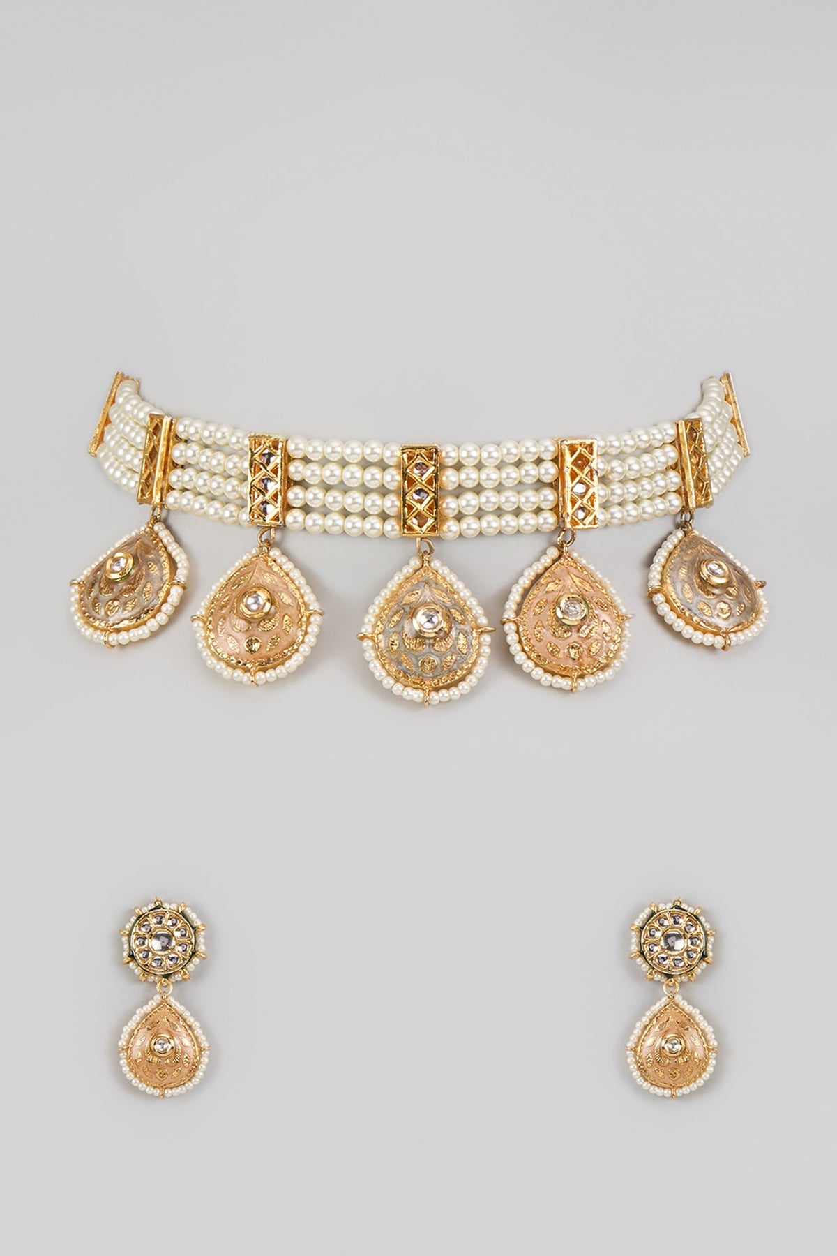 Gold Finish Imitation Kundan Polki & Pearl Choker Necklace Set
