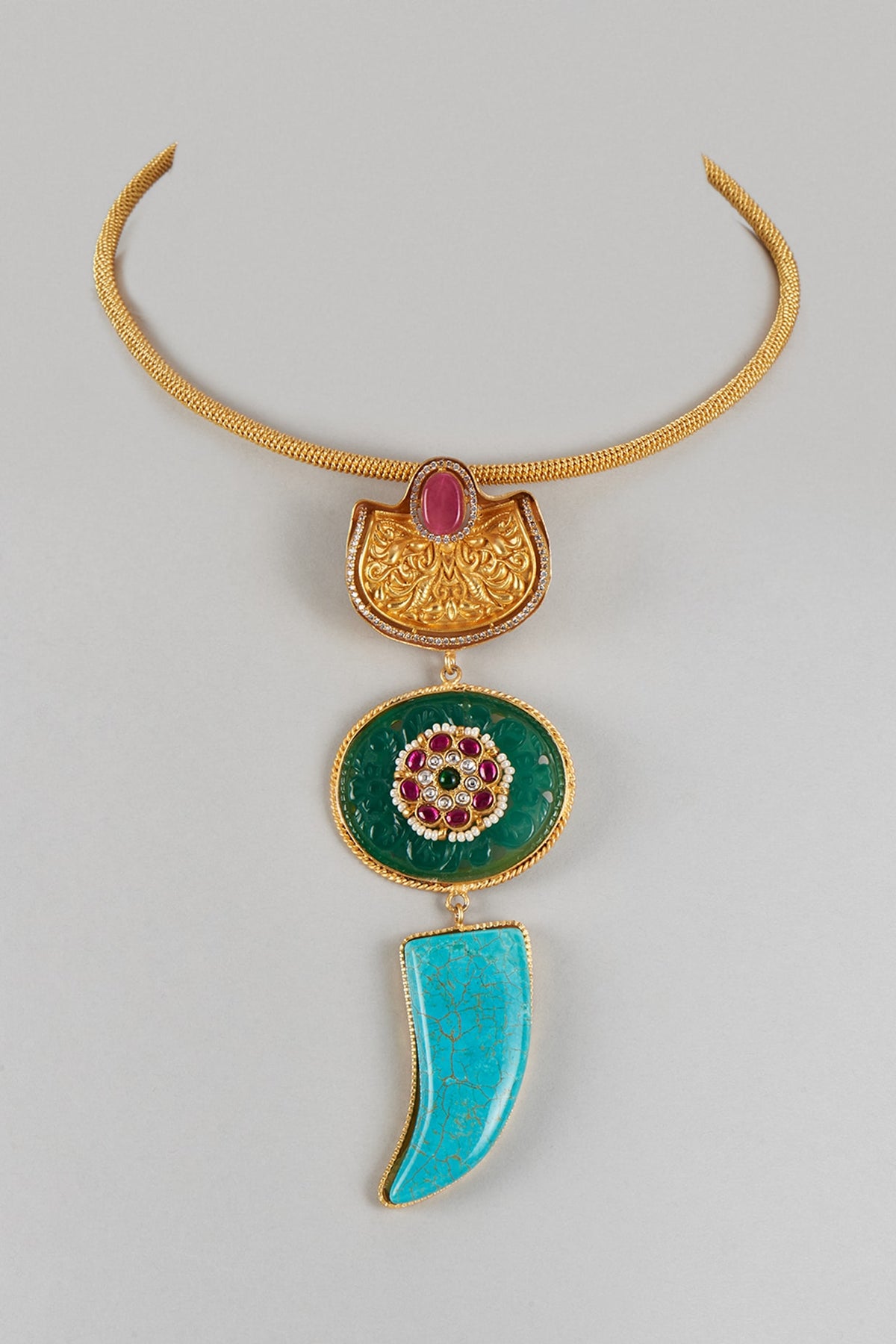 Gold Finish Turquoise & Semi-Precious Stone Necklace Set