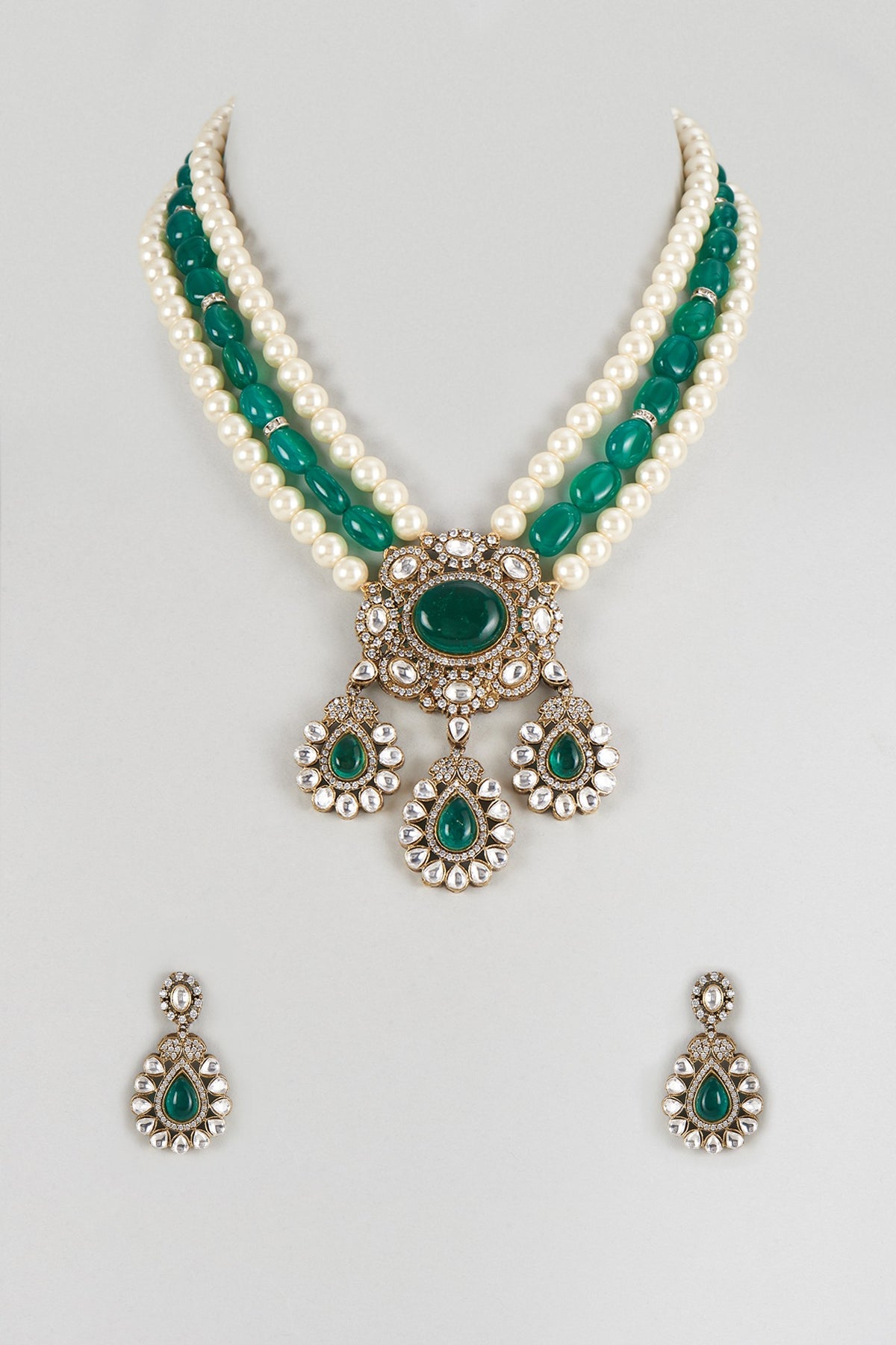 Gold Finish Imitation Kundan Polki & Green Quartz Stone Long Necklace Set