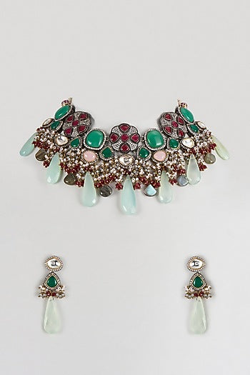 Two-Tone Finish Imitation Kundan Polki & Aqua Quartz Stone Necklace Set