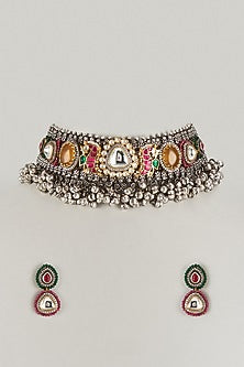 Two Tone Finish Imitation Kundan Polki & Semi-Precious Stone Choker Necklace Set