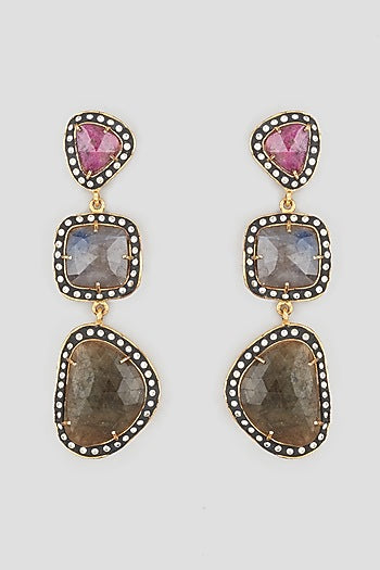 Two Tone Finish Sapphire Stone Earrings In Brass