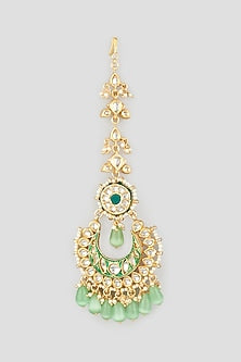 Gold Finish Kundan Polki & Mint Beaded Maangtikka