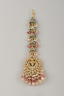 Gold Finish Kundan Polki & Peach Stone Maangtikka