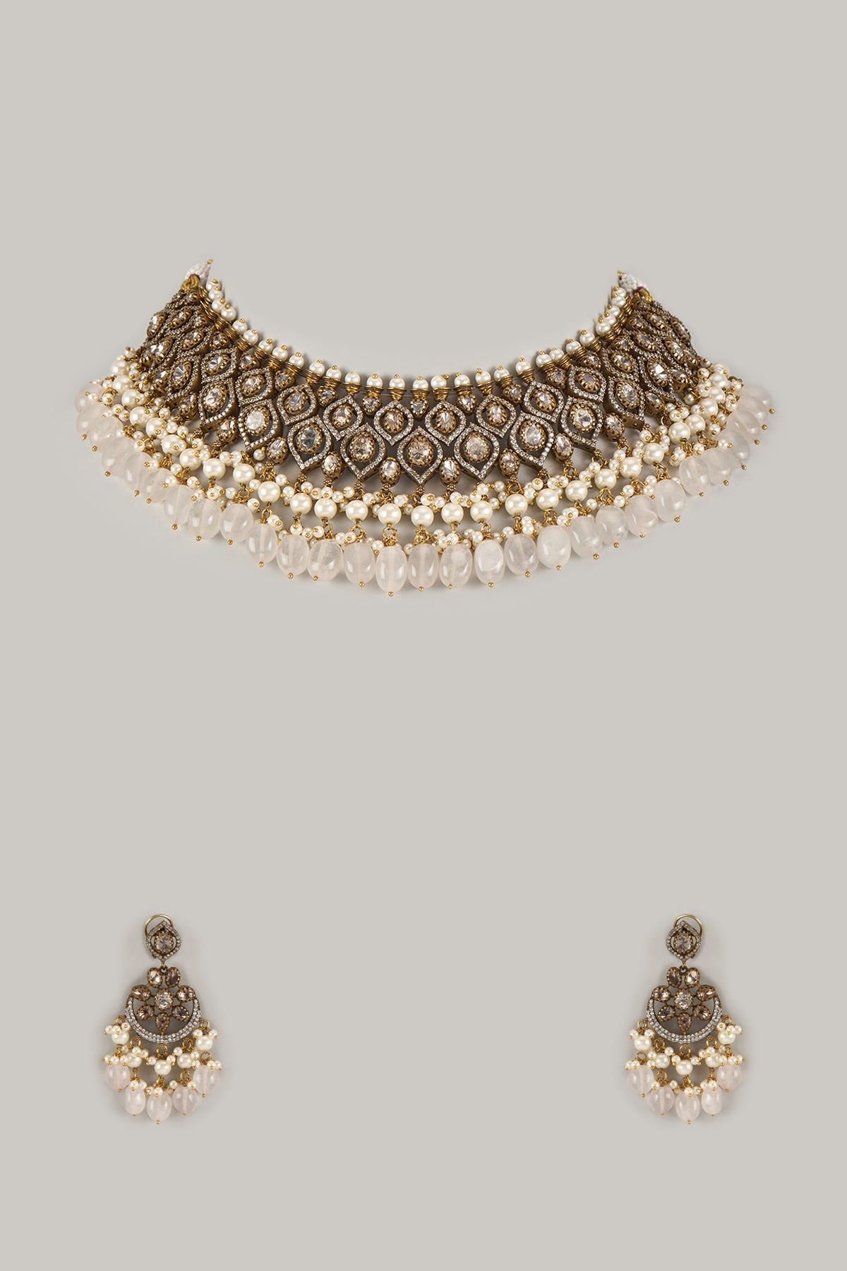 Gold Finish Kundan Polki & White Stone Necklace Set