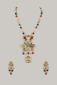 Gold Finish Kundan Polki & Multi-Colored Stone Long Necklace Set
