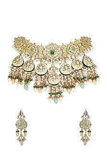 Gold Finish Imitation Kundan Polki & Semi-Precious Stone Necklace Set