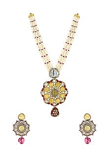 Two Tone Finish Yellow Imitation Kundan Polki & Semi-Precious Stone Necklace Set