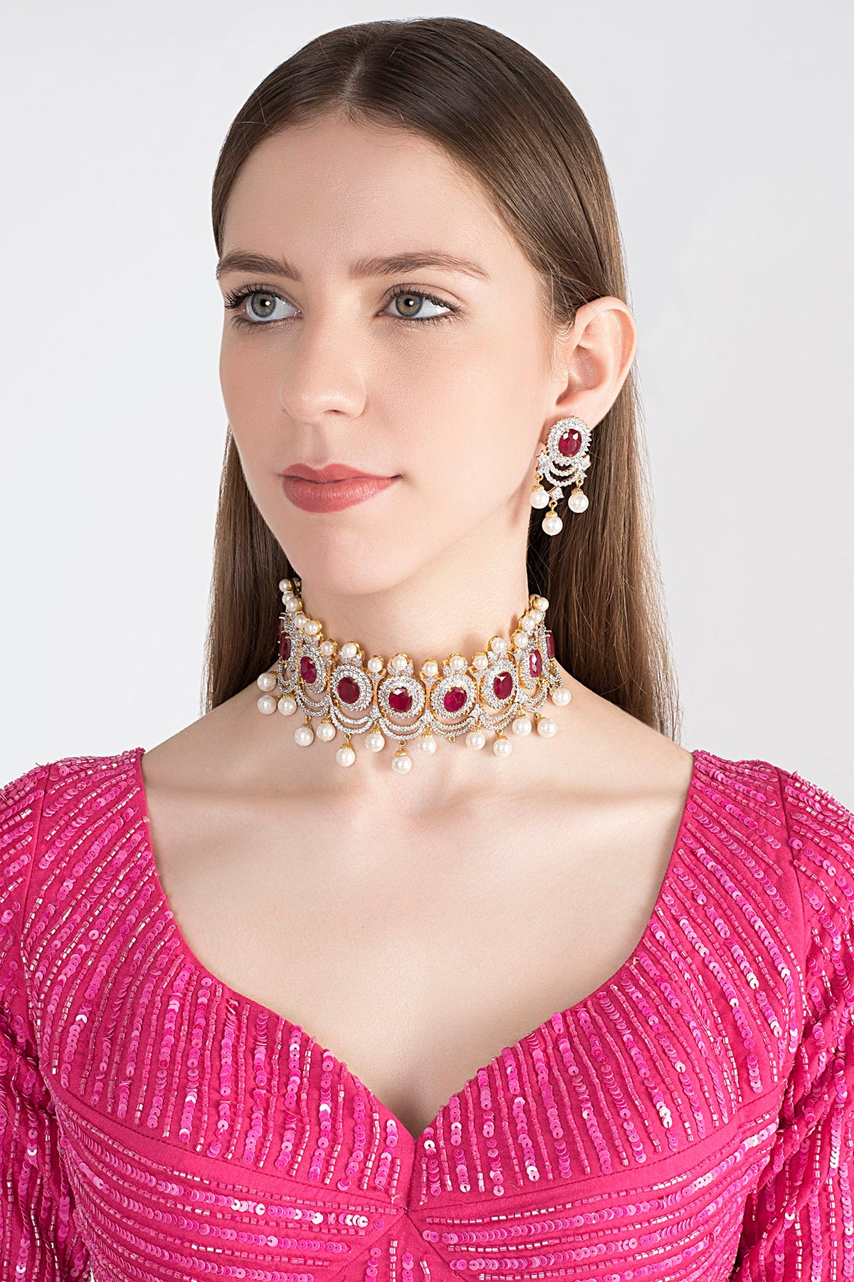 Gold Plated Ruby Choker Necklace Set