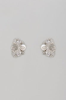 White Rhodium Finish Baroque Pearl & Sapphire Stud Earrings In Sterling Silver