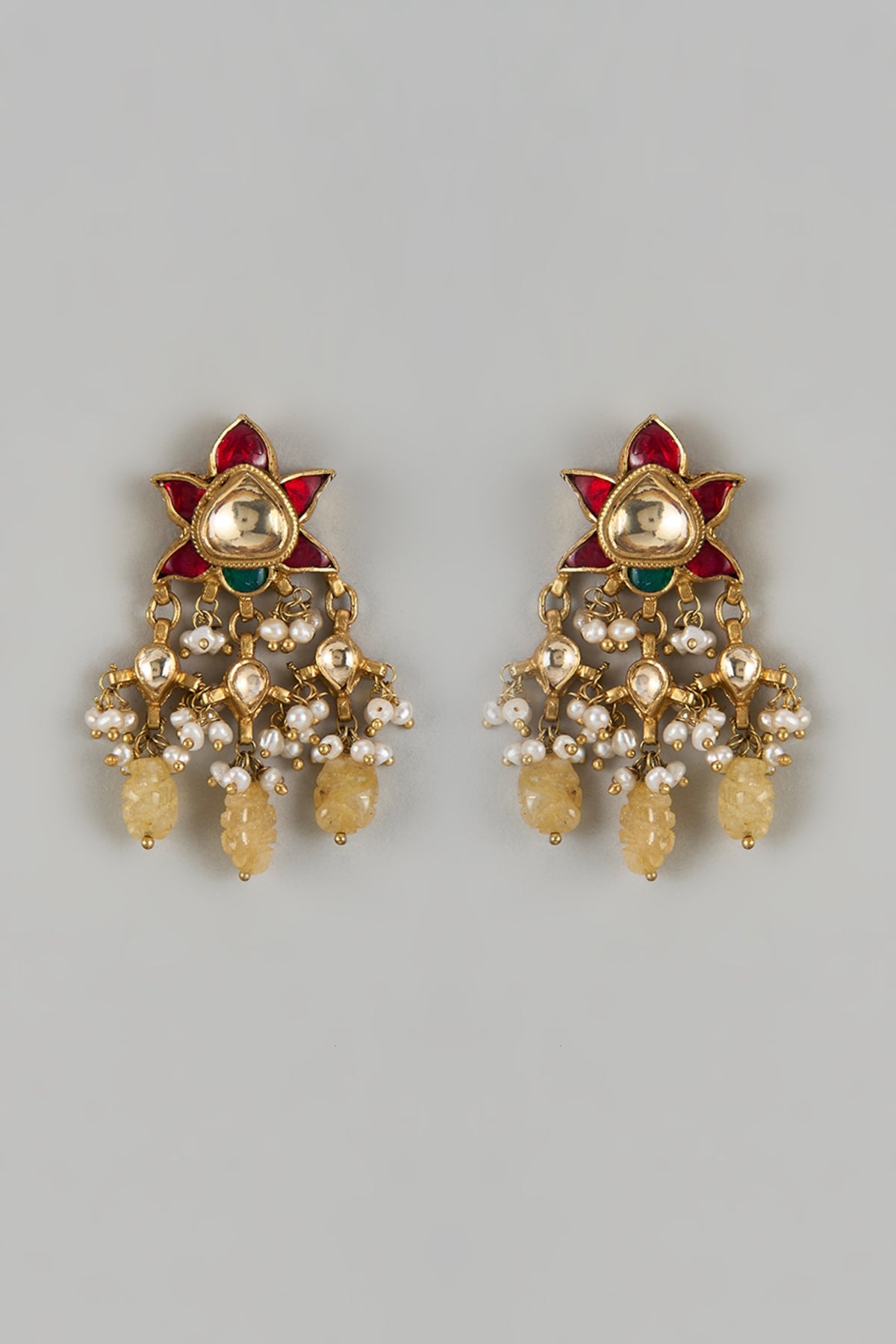 Gold Finish Yellow Moissanite Polki Dangler Earrings In Sterling Silver
