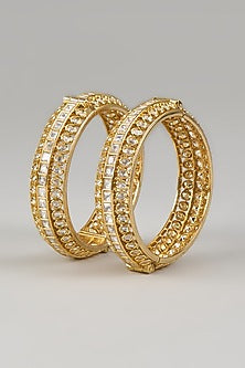 Gold Finish Kundan Polki Handcrafted Openable Bangles (Set Of 2)