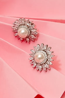 White Finish Pearl Stud Earrings In Sterling Silver