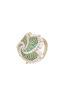 White & Gold Finish Cubic Zirconia & Shell Pearl Ring