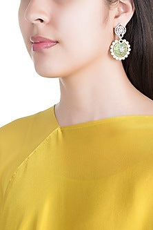 White & Gold Finish Cubic Zirconia, Green CZ & Pearl Long Earrings
