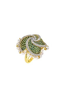 White Finish Pearl & Emerald Ring In Sterling Silver