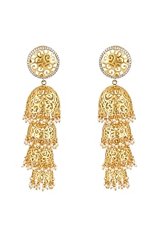 Gold Finish Cubic Zirconia Chandelier Jhumka Earrings In 92.5 Sterling Silver