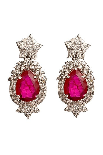 White Finish Cubic Zirconia & Hydro Ruby Stud Earrings