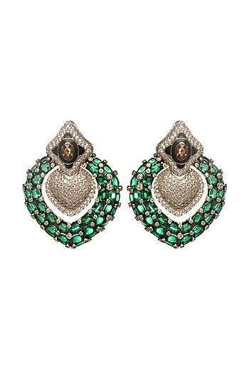 Two-Tone Rhodium Finish Cubic Zirconia & Hydro Emerald Stud Earrings