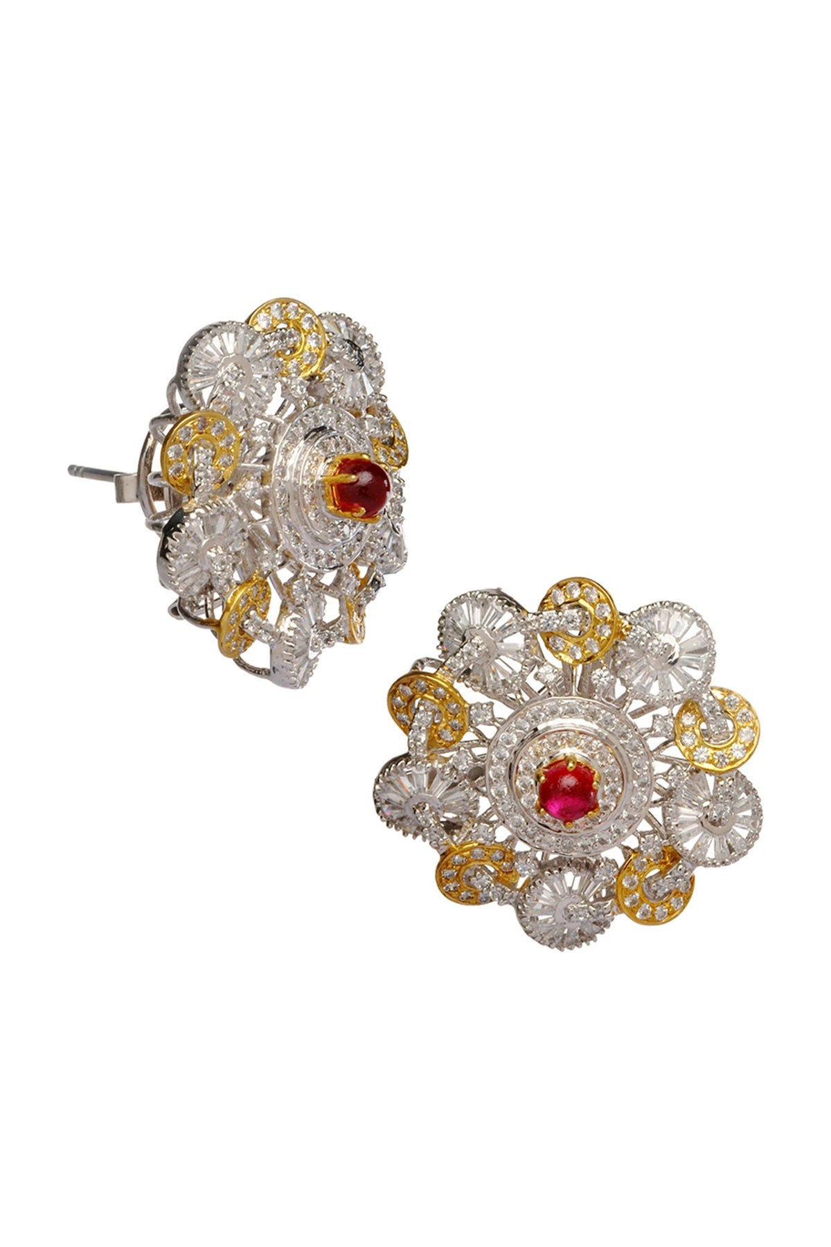Two Tone Finish Cubic Zirconia Stud Earrings In Sterling Silver